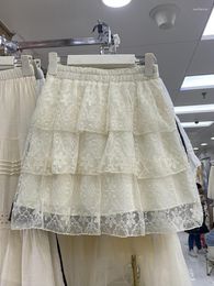 Skirts Frenchic Mesh Lace Floral Mini Skirt For Women Ruffled High Waist Girls White Cake Anti-emptied Summer Drop