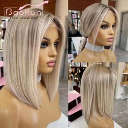 Hair pieces 13x4 Short Ash Blonde Lace Front Human 360 Frontal Highlight Bob Straight For Women 230609