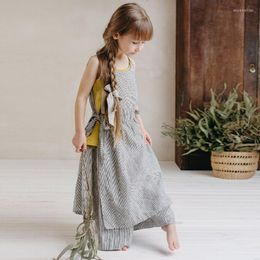 Girl Dresses Linen Striped Pinafore Dress For Girls Summer Casual Sleeveless Waist Drawstring Suspender TZ226