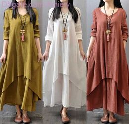 Wholesale Fashion Women Dress Summer Autumn Cotton Linen Boho Solid Long Maxi Dresses For Woman Casual Loose Long Sleeve V-Neck dress Vestidos Plus Size Hot