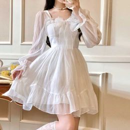 French Sweet Fairy Lolita Dress Women Long Sleeve Lace Y2k Mini Dress Vintage Kawaii Clothes One Piece Dress Korean 2021