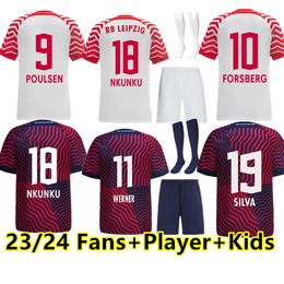 23 24 RBL Leipziges Camisas de futebol fãs versão jogador SILVA SZOBOSZLAI POULSEN ANGELINO NKUNKU ADAMS OLMO KLUIVER HAIDARA homens crianças Kits meia camisa de futebol