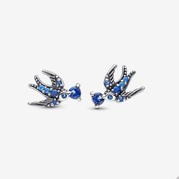 Sparkling Swallow Stud Earrings for Pandora Authentic Sterling Silver Party Jewellery designer Earring for Women Blue Crystal Diamond Cute earring with Original Box