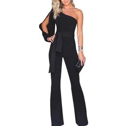 Adogirl 2018 Autumn Women One-Soulder Jumpsuit Split Sleeve Rompers Sexy Solid Color Jumpsuits Fashion Slim Overalls Plus Size