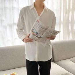 Men's Casual Shirts Luxury Ice Silk Men's Shirt Korean Fashion Loose Black Drape Solid Colour Button Up Office Work Simple Business Tops