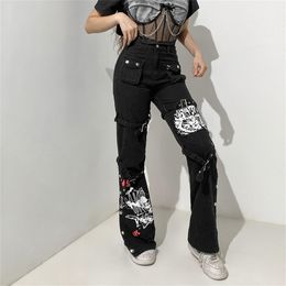 Womens Pants Capris Gothic Emo Alt Cargo Techwear Hippie Baggy Jeans Mom Goth Punk Black Denim Trousers Cyber Y2k Academic Dark Clothes 230609