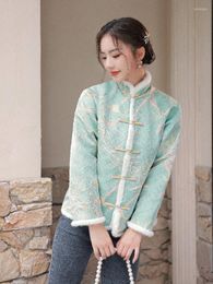 Women's Jackets Winter Chinese Style Blue Embroidery Jacket Women Vintage Warm Thick Cotton Padded Parkas Coat Stand Collar Clothes