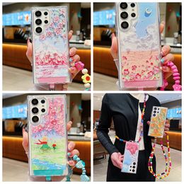 S24 Oil Painting Style Flower Marble Cases For Samsung S23 Ultra S22 Plus A14 A34 A54 A53 5G Fashion TPU Clear Hard Acrylic PC Stone Cover Crossbody Shoulder Lanyard