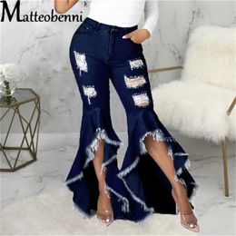 Women's Jeans Sexy Ripped Jeans Fringe Hollow Out Ruffle Water Wash Flare Denim Pants High Waist Bodycon Hole Women Trousers Club Outfits 230608