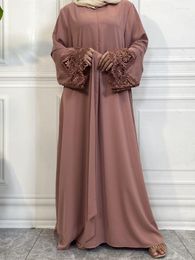 Ethnic Clothing Ramadan Eid Lace Stitching Djellaba Muslim Dress Dubai Fashion Front Zipper Silky Abaya Embroidery Robes Islam Clothes Robe