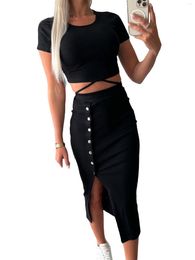 Two Piece Dress Women 2 Skirt Sets Sleevless Crop Top High Waist Matching Bodycon Side Slit Midi Outfit (Black XL)