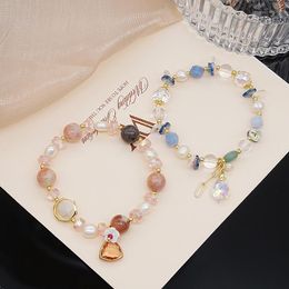 Strand Raw Ore Jade Pink Crystal Bracelet Aquamarine Freshwater Pearl Bangle String Adjustable Elastic Women Girl Gift Beads