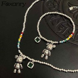 Wedding Jewellery Sets FOXANRY Stamp Necklace Bracelet Trend Simple String of Beads Design Bear Zircon Pendant Party 230608