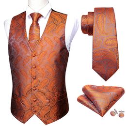 Men's Suits Blazers Barry.Wang Fashion Men Suit Vest Orange Paisley Waistcoat Silk Tailored Collar V neck Check Tie Set Formal Leisure M 2042 230609