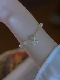 Strand Ginkgo Leaf And Tian Jade Bracelet Female INS Niche Design Retro Hand String Light Luxury Girl Ornaments Charms