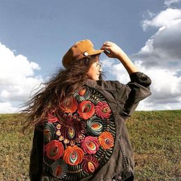 Women's Jackets Fashion Vintage Multi Floral Embroidered Denim Loose Jacket Women Cowboy Lapel Casual Coat Streetwear Outwear