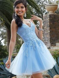 Sky Blue Tulle Short Homecoming Dresses A Line Spaghetti Beaded Applique Lace Up Cocktail Party Graduation Gowns Vestidos