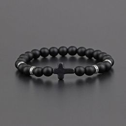 8mm Natural Stone Handmade Beaded Cross Strands Charm Bracelets Party Elastic Jewellery For Men Women Lover