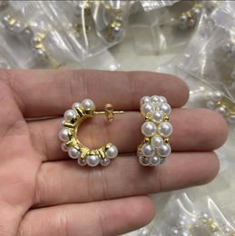 New Gold pearl hoops Earrings diamonds Feminine Style Smooth white Gold Plated Ear studs Luxury Jewellery E3034