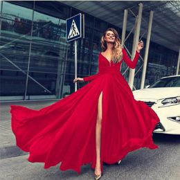 Casual Dresses Sylph Long Sexy Deep V Vestidos Fashion Full Sleeve Lady Female Club Gown Skirts Outfits Red High Slit Prom Dress