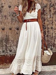 Basic Casual Dresses White Lace Maxi Dresses Women Summer Elegant Vintage V Neck Long Dress Fashion Short Sleeve Casual Party Beach Holiday Dress 230608