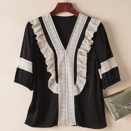 Women's Blouses Real Silk Women's Black Shirt Elegant Fashion V-neck Half Sleeve Shirts For Women Lace Patchwork Woman Vintage Blouse