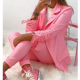 Women's Two Piece Pants Wepbel 2 Sets Outfits Slim Fit Rose Red Blazers Women Drawstring Business Wear Suit Coats Pant Suits