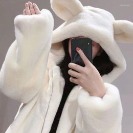 Women's Jackets Plush Thickened Imitation Wool 2023 Autumn Winter Hooded Girls Loose Cute Bear Ears Versatile Medium Long Zipper Coat