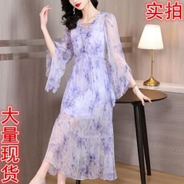 Casual Dresses Mulberry Silk Dress In Purple Spring Summer The High-end V-neck Long A-line Skirt