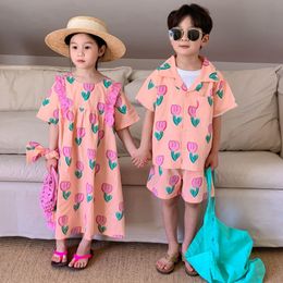 Clothing Sets Summer Brother Sister Outfits Kid Boy Tulip Print Short Sleeves Shirt Shorts 2pcs Girl Baby Sweet Flower Princess Dress 230608