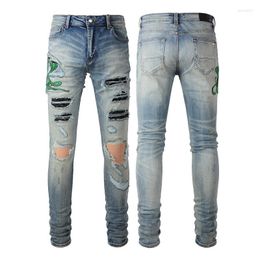 Men's Jeans 2023 Fashion Mens Light Blue Embroidered Snake Pattern Denim Slim Fit Skinny Stretch Holes Ripped Pants