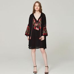 Casual Dresses DALMAZZO Bohemia Cotton And Linen Embroidery Knee Length Dress Women V Neck Long Sleeve Tassel Drawstring Holiday Vestidos