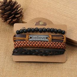 Charm Bracelets 4 Pcs/Sets Jewellery Handmade Weave Genuine Leather Bracelet Men Vintage Cuff Beads Pulsera Hombre