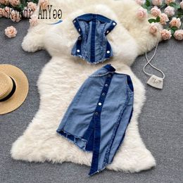 Two Piece Dress Fashion Two Piece Set Women Denim Tube Top 2 Piece Sets Sexy Outfits For Woman High Waist Bodycon Skirts Female Set 230608