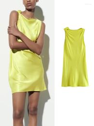 Casual Dresses Knot Decorate Woman Yellow Mini Women Vintage Sleeveless Wide Collar 2023 Pleat Design Summer Chic Female Short Dress