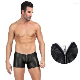 Underpants Faux Leather Men Underwear Boxer Ropa Interior Masculina Zipper Solid Sexy Shorts Calzoncillos Hombre S M L XL MPS069