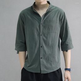 Men's Casual Shirts 2023 Men Shirt Solid Color 3/4 Sleeves Spring Loose Stand Collar Male Office Buttons Placket Over For Work