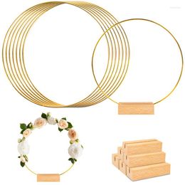 Decorative Flowers 5pcs Metal Wreath Frame With Wooden Base Iron Circle Round Hoop Ring DIY Garland Rings For Wedding Table Wall Decoration