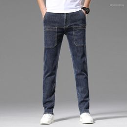 Men's Jeans Men Retro Blue Straight-Leg For Summer Cotton Cozy Soft Loose Denim Stretch Pants Male Brand Multi Pockets Trousers