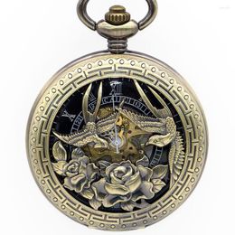 Pocket Watches 5pcs/lot Bronze Flower And Bird Carving Roman Numberals Black Dial Mehanical Watch With FOB Chain For Men Women PJX1349