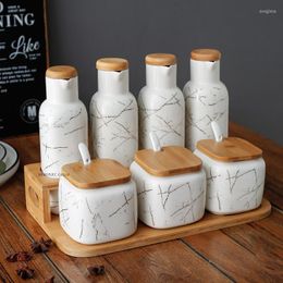 Storage Bottles Kitchen Supplies Spice Rack Jar Oil Bottle Combination Set Gold Pattern Ceramic Seasoning With Lid