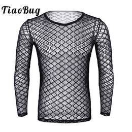 Men's T-Shirts TiaoBug Men Mesh See-Through Fishnet Sheer T-Shirt Long Sleeve Pullover Club Party Undershirt Black White Transparent Sexy Tops 230608