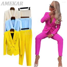 Women's Two Piece Pants Pink Black Pant Suits 2-Pcs Sets For Women Pantsuit Apricot Business Double-breasted Buttons Nine Blazer Formal