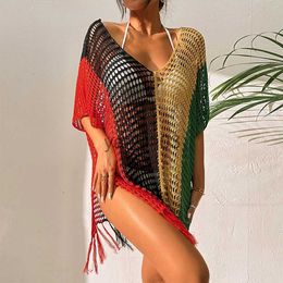 Casual Dresses Multicolor Crochet Bikini Cover Up With Fringe Trim Women Sexy Hollow Tunic Beach Dress 2022 Summer Bathing Suit Beachwear J230609