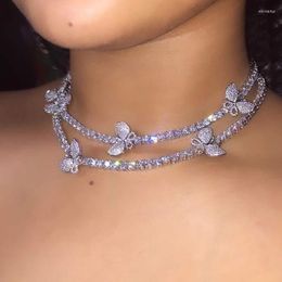 Chains Luxury 1 Row Big Rhinestone Tennis Cuban Choker Necklace For Women Crystal Butterfly Charms Clavicle Chain Wedding Jewelry