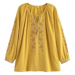 Women's Blouses Long Sleeve Loose Boho Shirt Tassel Floral Embroidery Linen Cotton Beach Bohemian Blouse Shirts Tops