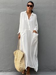 Casual Dresses Bohemian Loose Solid Dress For Women Summer 2023 Sexy Hollow Out Turn-down Collar White Tunic Beach Maxi A2024