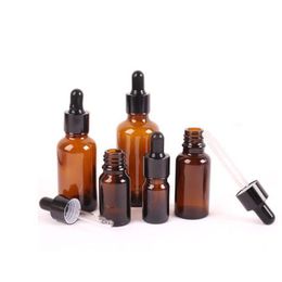 Thick Glass Cosmetic Dropper Packaging Bottles Brown 5-100ml with Pipette And Black Lids Gksiv