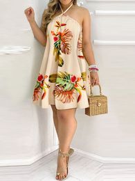 Basic Casual Dresses Tropical Print Halter Backless Casual Dress Women Strapless Summer Dress 230608