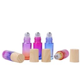 500pcs/lot 5ML Quality Gradient Color Roll-On Perfume Essential Oil Bottle Steel Metal Roller Ball Bottles with Wood Looks Plastic Cap